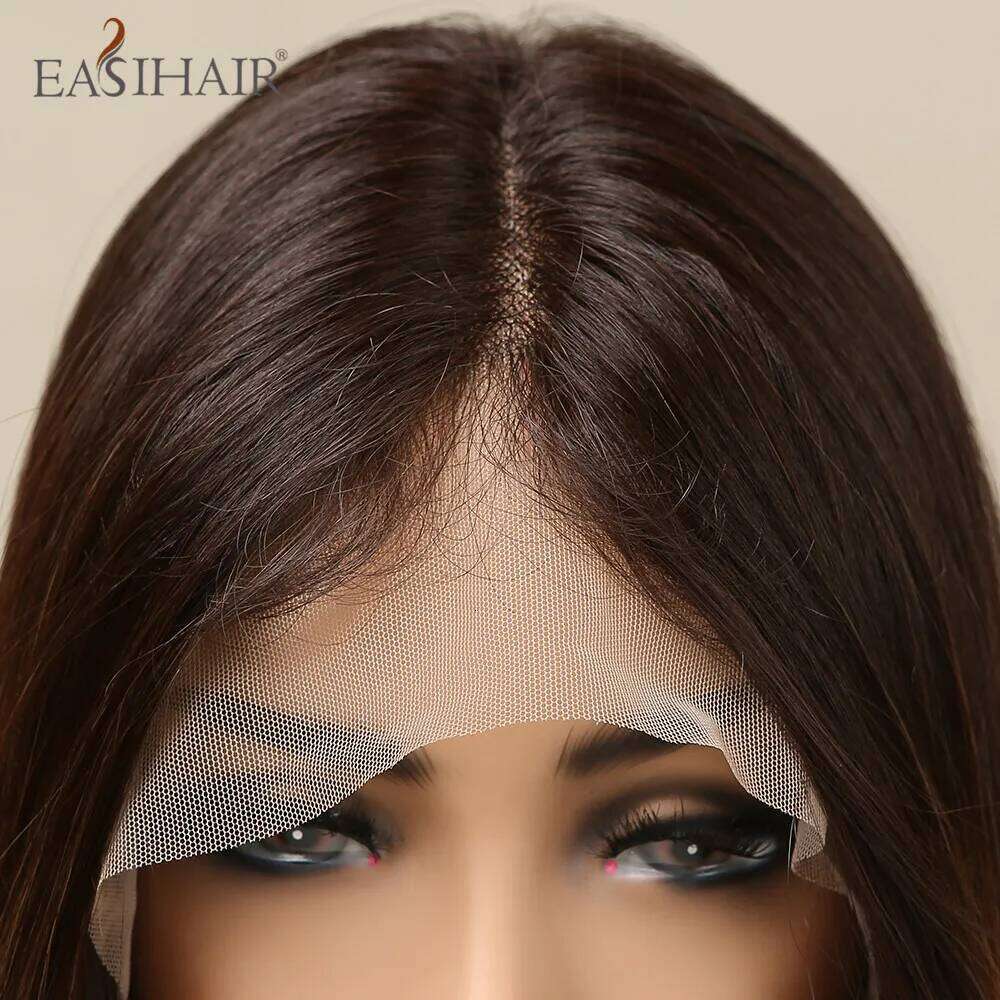 EASIHAIR Front Hair Brown Long Straight Synthetic Lace Wigs for Black Women Daily Cosplay Party Heat Resistant Fibers