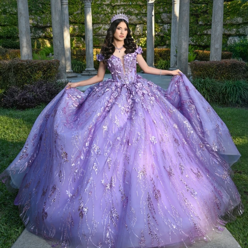 Lavender Shiny Quinceanera Dresses Off Shoulder Ball Gown Sweet 16 Dress Sequin Applique Flower Beads Tull Birthday Party Vestidos 15 Anos