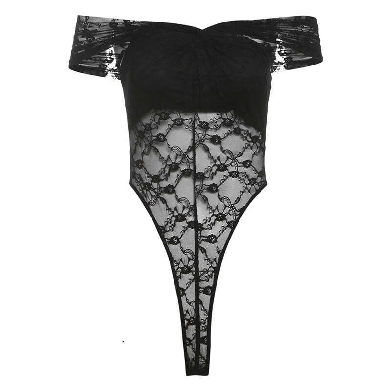 2025 Spring New Women's Solid Color Slim Fit Fashion Off-Shoulder Lace Mesh Jumpsuit 8af