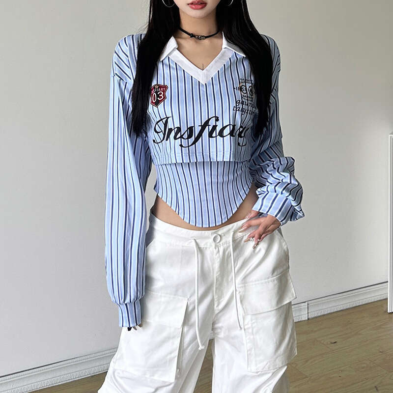 2024 Autumn New Women's Solid Color Slim Fit Street Fashion Turn-down Collar Printed Long Sleeve Top bee