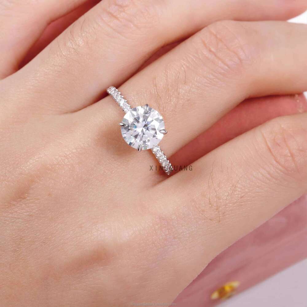 Fine Jewelry White Solid Gold Prongs 2CT Excellent Round Dia with Pave Band Moissanite Rings for Women Wedding