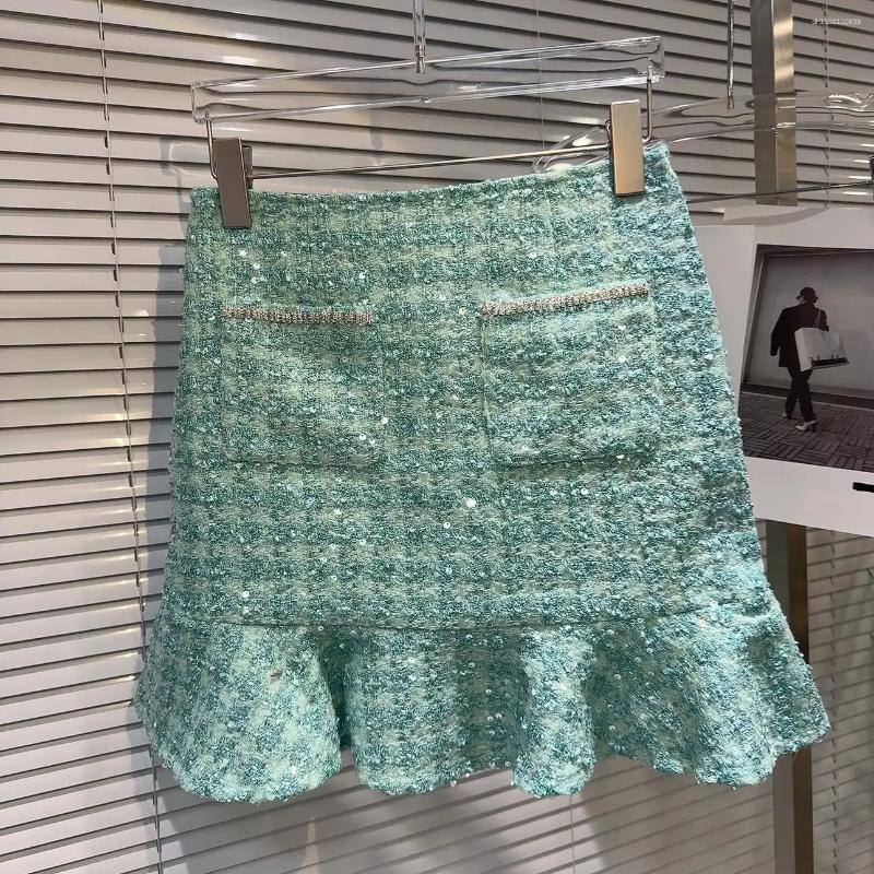 Dress Shiny Green Glitter Checkered Linen Jacket Diamond 3D Feather Fur Sleeve Coarse Suit Coat A-line Ruffle Edge Skirt