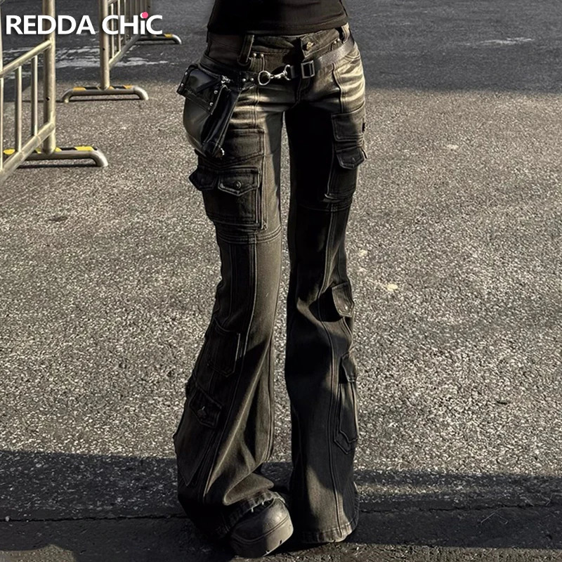 REDDACHiC Black Low Waist Cargo Jeans 2000s Distressed Whiskers Multipocket Stretch Bootcut Pant Retro Grunge Streetwear 250717