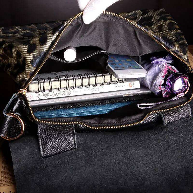 Casual Tote Bag Women Large Genuine Leather Handbag Leopard Printing Cowhide Shoulder Or Crossbody Bags