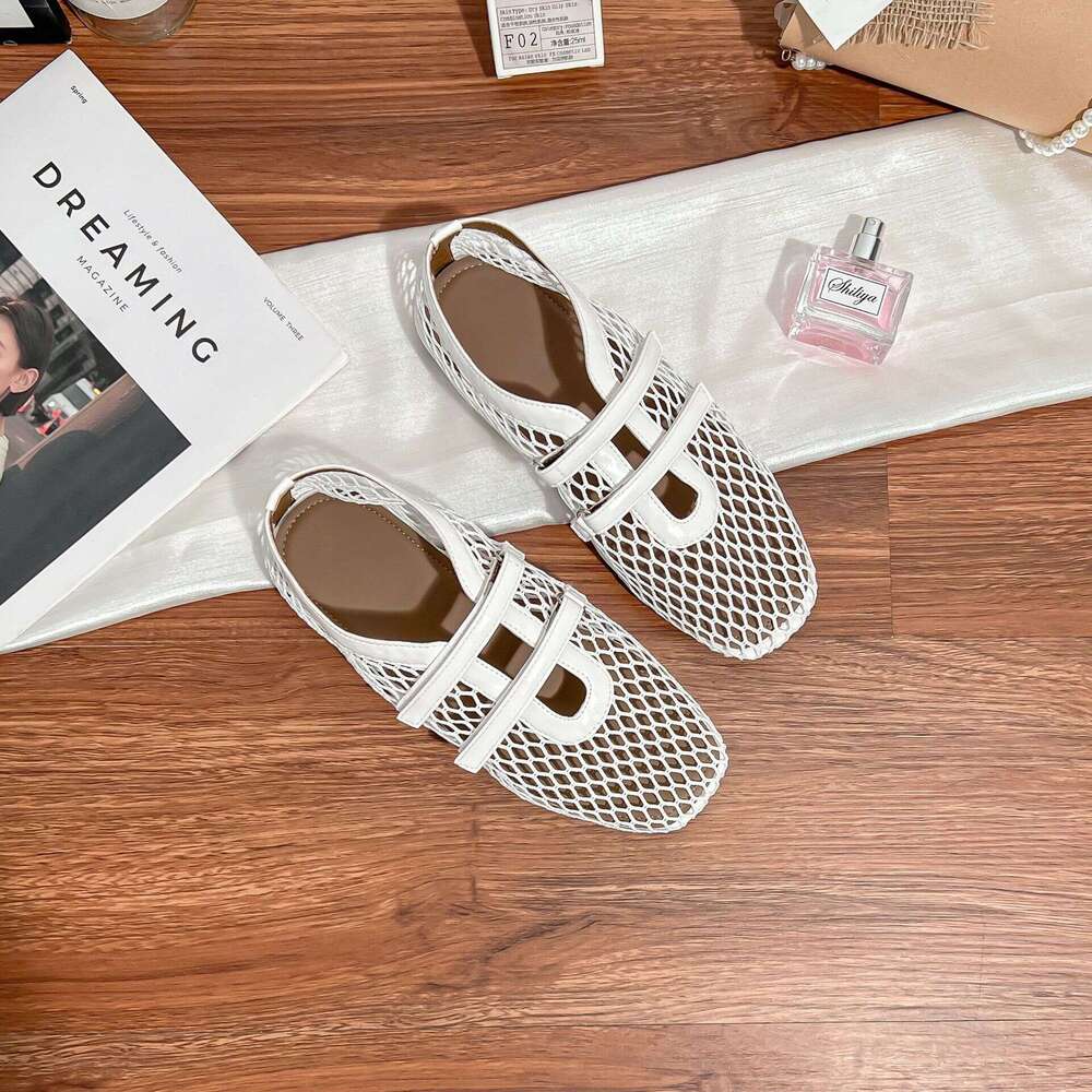 Designer Same Style French Breathable Hollow Fishnet Mesh Square Toe Versatile One-Strap Mary Jane Shoes for Women Spring Summer