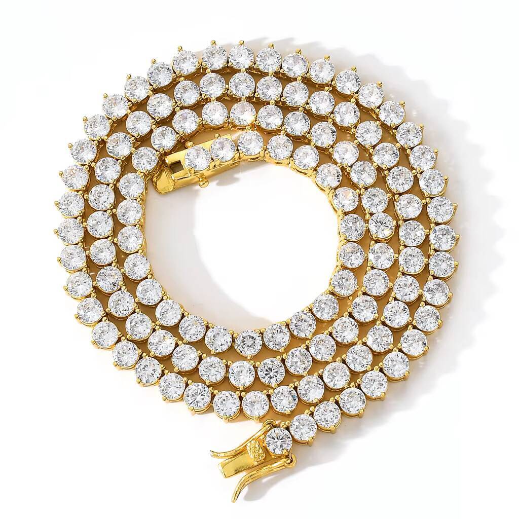 Hip Hop Real Gold Plated 4mm Zircon Tennis Chain Necklace Iced out Fashion Jewelry CZ Heart-shaped Made Brass for Christian Gift