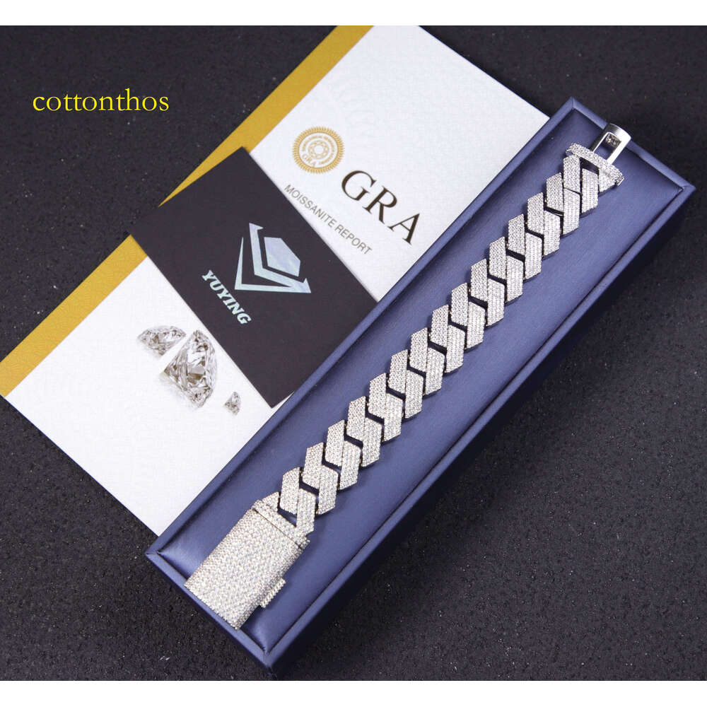 20 mm Wide 4 Rows Hip Hop Cuban Link Chain Bracelet Moissanite Sterling Sier Gold Plate Fine Jewelry Bracelets