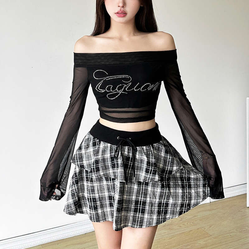 Women's Clothing 2024 Autumn New Plaid Off-Shoulder Long Sleeve Top High Waist Skirt Set 061