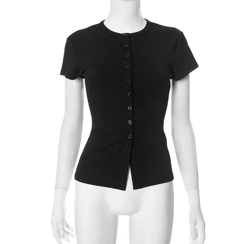 Y25tp017 Women's Spring And Summer New Solid Color Sexy Button Short Sleeve T-Shirt Top B5