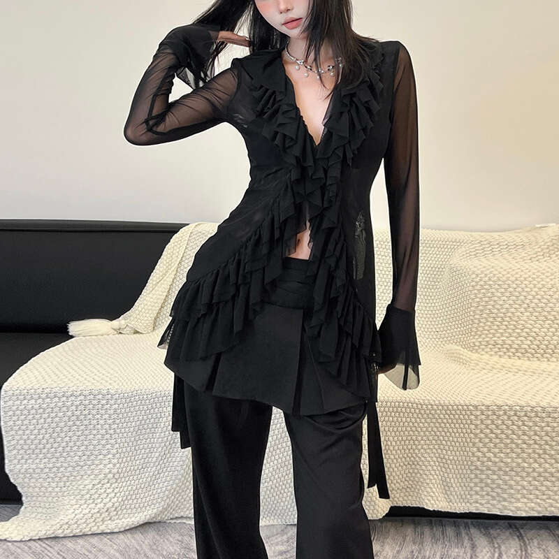 INS Style 2024 Autumn New Women's Solid Color Slim Street Fashion V-Neck Long Sleeve Sheer Top a1d