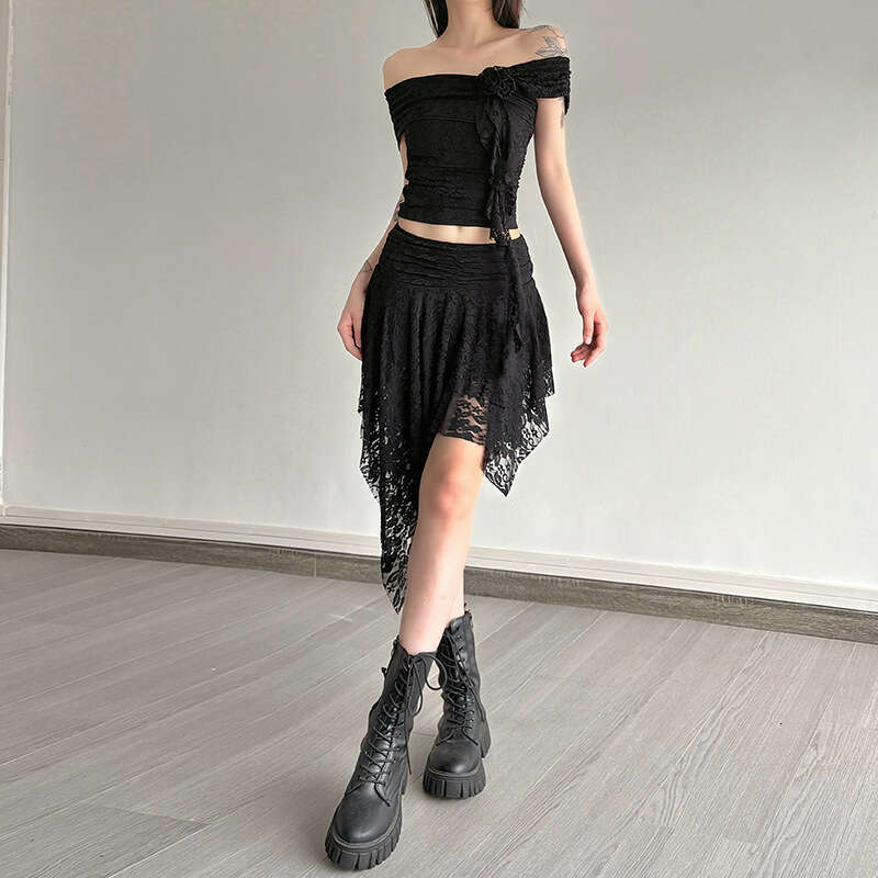 2025 Summer New Hot Girl Lace Off-Shoulder Top with Irregular Ribbon Half Skirt for Women 146