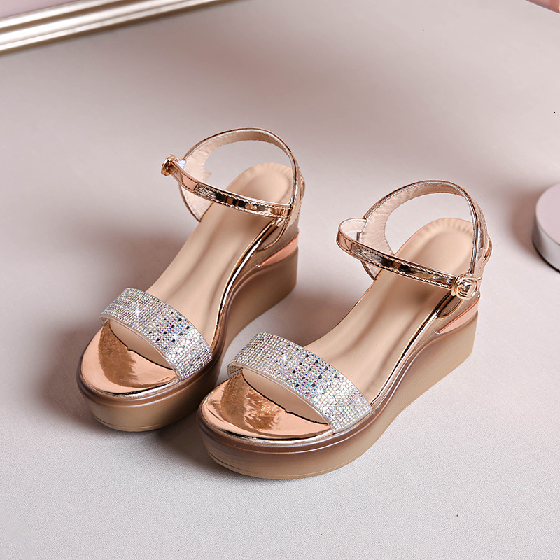 Ddmysports Rhinestone One Strap Wedge Sandals For Women Summer New Versatile Beach Shoes Open Toe Thick Sole Super High Heels Outdoor Shoes