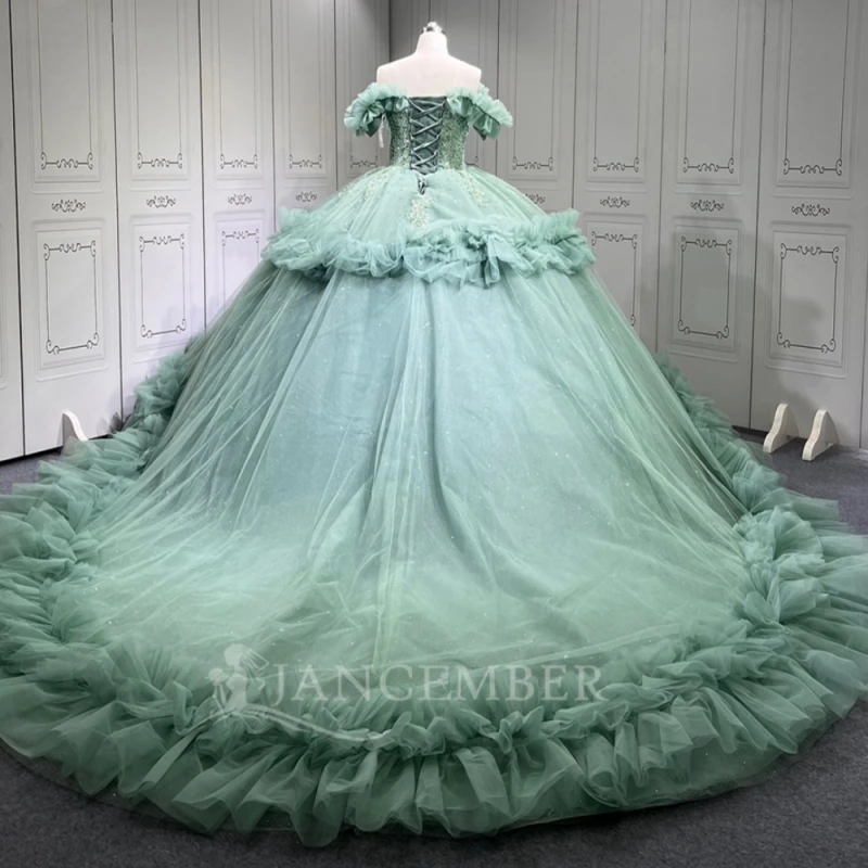 Mint Green Shiny Quinceanera Dresses Off Shoulder Ball Gown Sweet 16 Dress Applique Beading Tiered Tull Birthday Party Vestidos 15 Anos