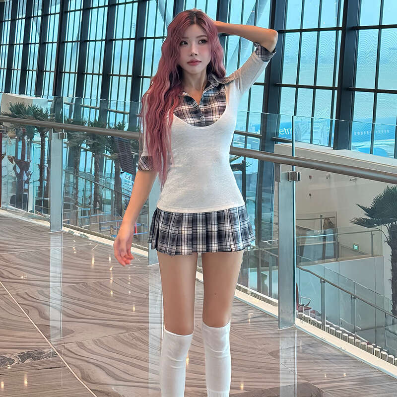 Summer INS Style Niche Design Trendy Fashion Plaid Patchwork Top Puff Half Skirt Women's Clothing 52f