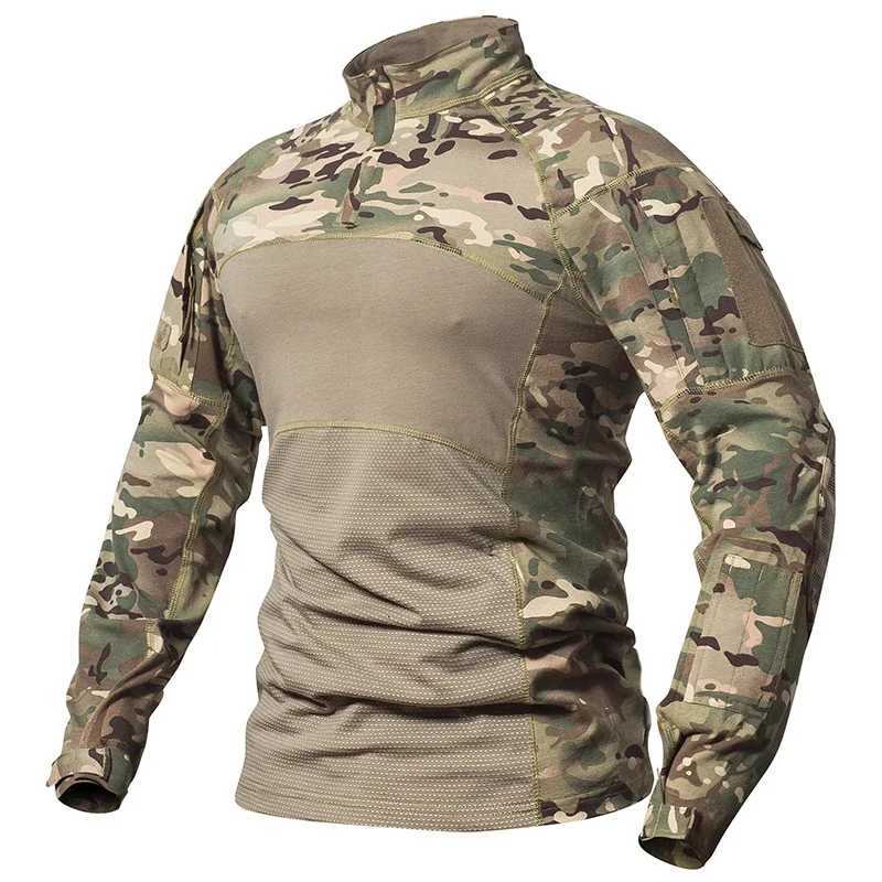 Mens Camouflage Hunting Combat T Shirt Stretch Cotton 1/4 Zipper Uniform Shirts Long Sleeve Camo Shirt Y250724