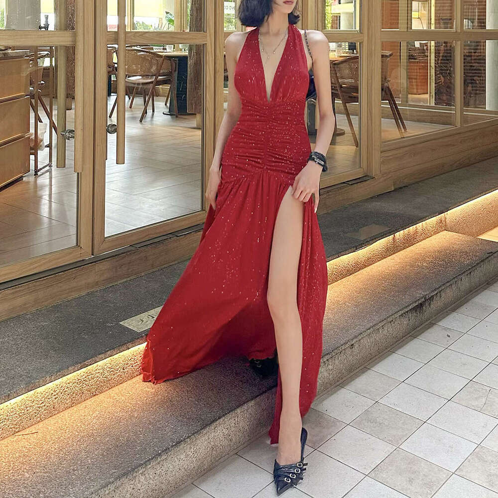 2025 Summer New V-neck Beach Vacation Style Halter Tie Elegant Slim Dress Women's Fashion 978