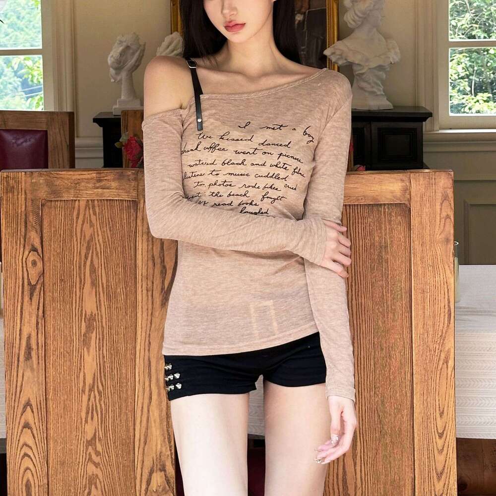 2024 Summer New Women's Fashion Solid Color Slim Street Style Asymmetrical Neck Off-Shoulder Long Sleeve Top 8f1
