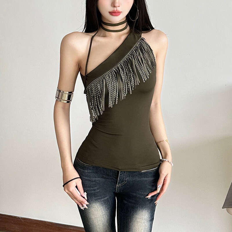 2025 Spring New Women's Solid Color Slim Street Fashion Asymmetrical Neck Halter Sleeveless Tank Top a7f