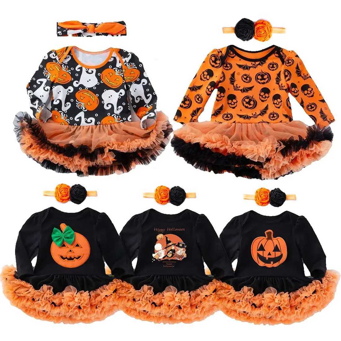 2025 Halloween Autumn and Winter Festive Par Infants and toddlers cosplay Pumpkin Print Cute Warm Short Skirt + Headband Z250725
