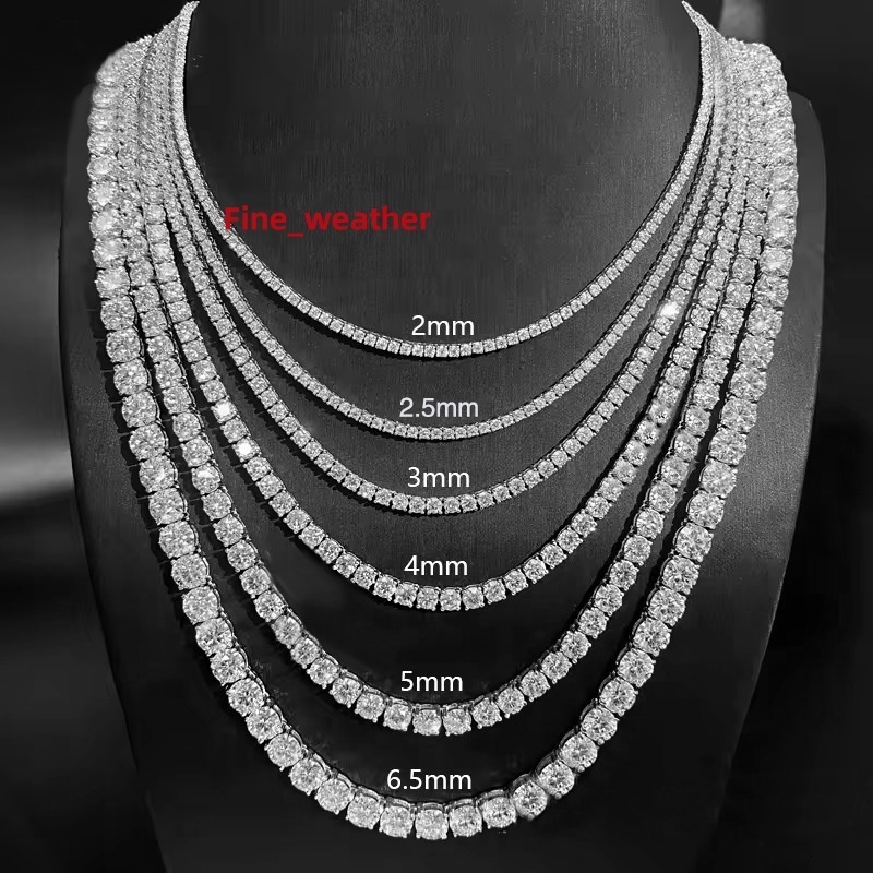 Luxury Hip Hop Fine Jewelry 925 Sterling Silver 2mm 3mm 4mm 5mm 6.5mm VVS Moissanite Diamond Tennis Chain Necklace for Men Women