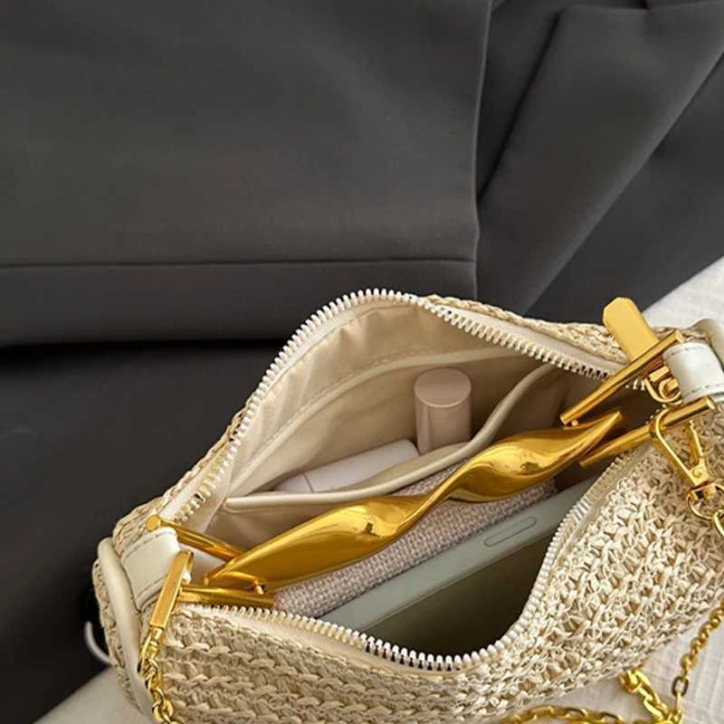 2025 Str Woven Bag Chain Gold Handle Str Cluh Purse Large Capacity Stylish Crossbody Bag Solid Color for Summer Beach Y250725