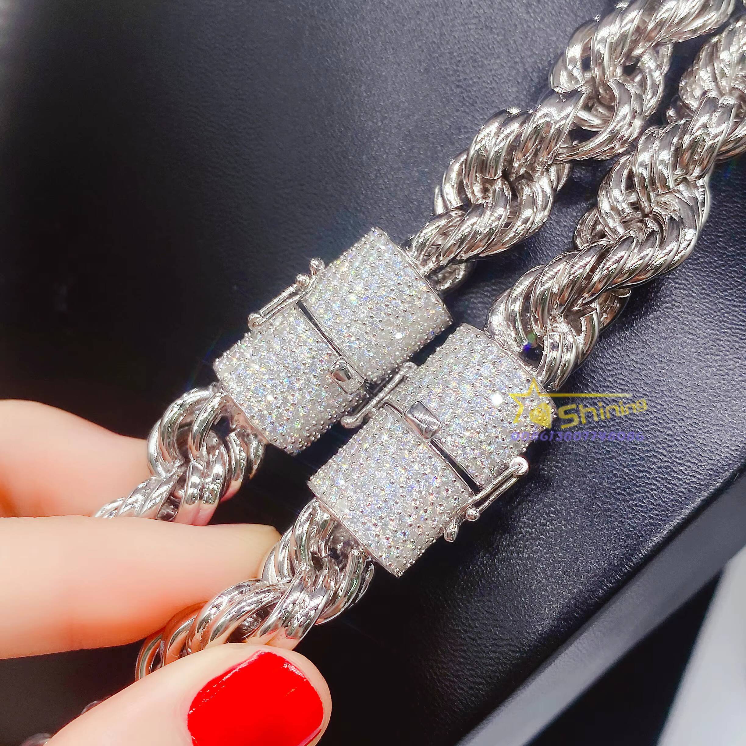 Rapper Jewelry 12mm Wide Bulk Size Necklace 925 Real Silver Iced Out Diamond Clasp Moissanite Rope Chain