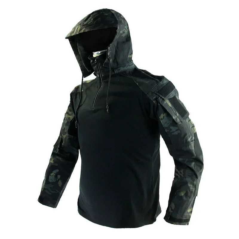 Mens Long Sleeve Combat Shirt 1/4 Zipper Ripstop Hooded Tactical Shirts Navy Blue Camoufalge Airsoft T Shirts Fishing Tops Y250724