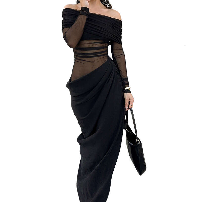 Yds274 Women's Summer New Solid Color Sleeve Off-Shoulder Sexy Bodycon Patchwork Long Dress B5