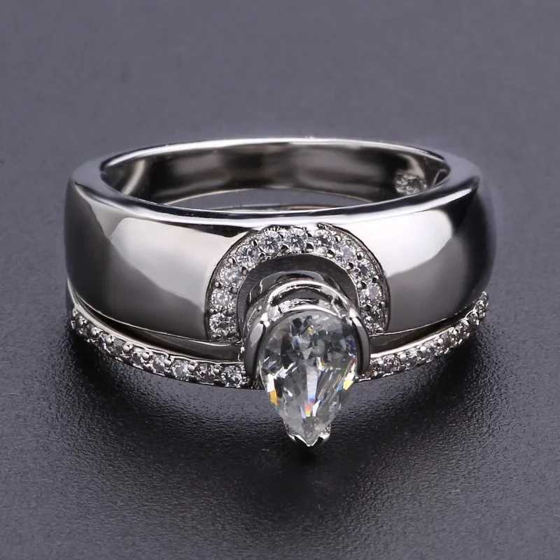 Exquisite Womens Silver Water Drop Metal Inlaid White Round Zicron Stone Ring Set Engagement Ring Jewelry W250417