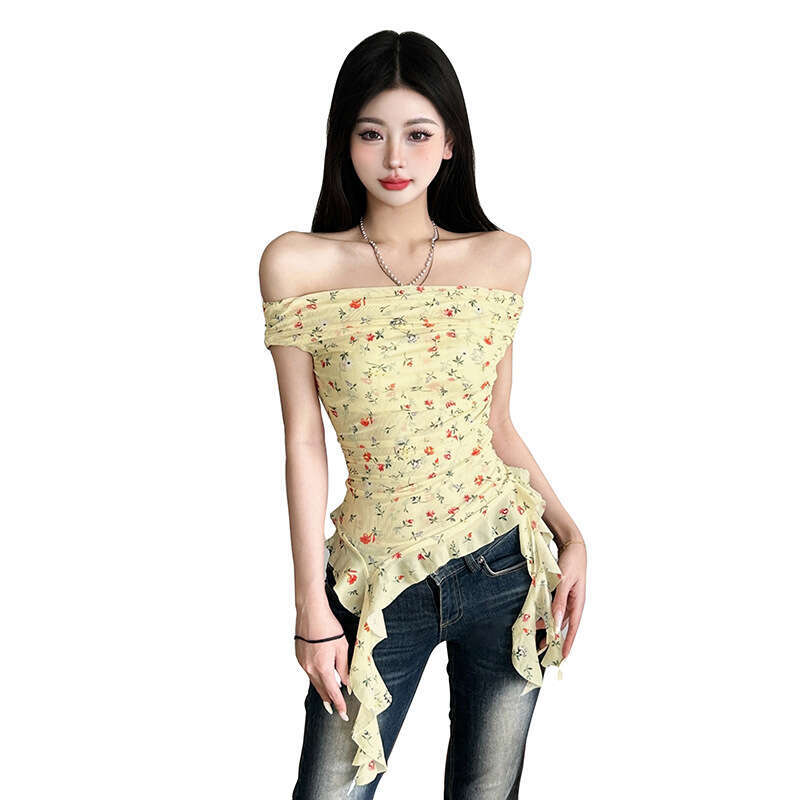 2025 Summer New Fashion Casual Waist-Cinching Slim Irregular Ribbon Floral Off-Shoulder Women's Dress b45