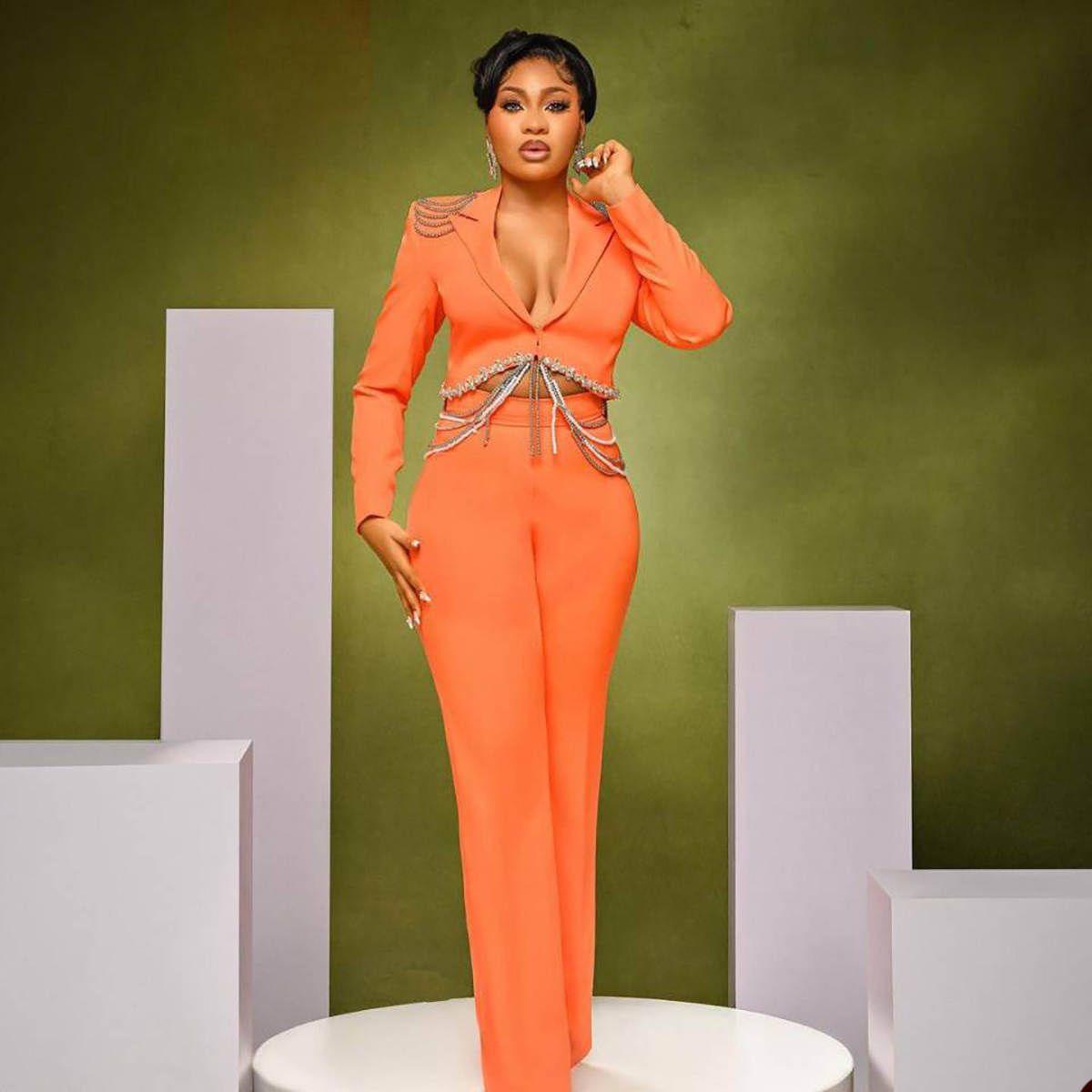 Orange Sexy Customized 2 Pieces Women Suits Crystal Beading Jacket Blazers Slim Fit Fashion Evening Party Show Wear