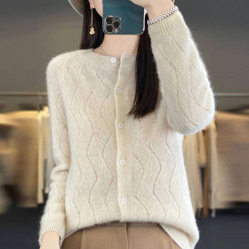 100% Pure Wool Women's Round Neck Cardigan Wave Hollow Cashmere Jacket Thin Knit Loose Versatile Sweater MDNG