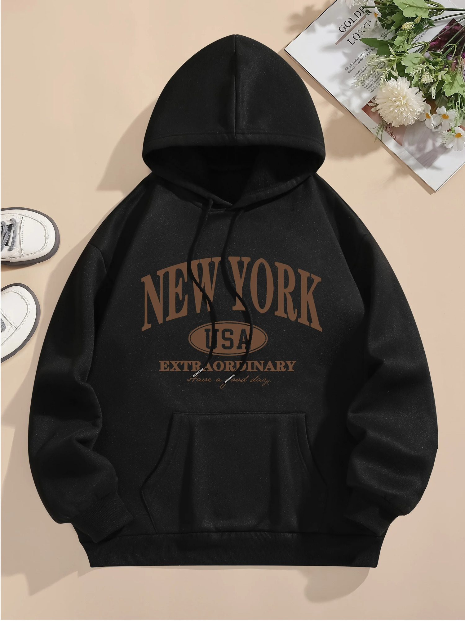 Letter Print Hoodie Drawstring Long Sleeve Casual Hooded Sweatshirt For Winter Fall Womens Clothing 250725