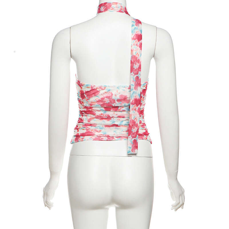 2025 Summer INS Style New Halter Neck Slim Fit Backless Versatile Color Block Printed Sleeveless Top for Women 235