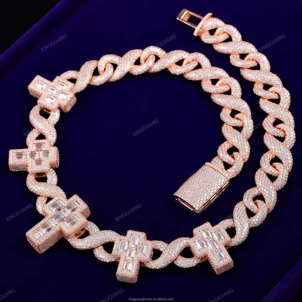 Rapper Style Ice Out 13mm Infinite Cuban VVS Baguette Moissanite Cross Hiphop Necklace S Rose Gold Plated Dia Chain