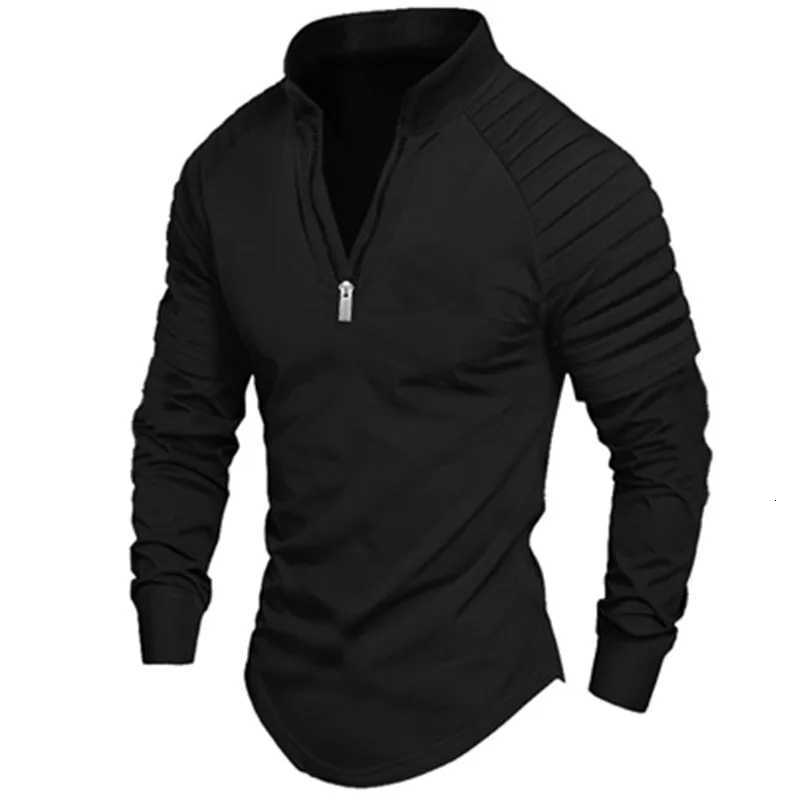 Mens Long-Sleeved Polo Shirt with Zipper Standing Collar Pleated Sleeves Solid Color Sports Casual Slim Fashion Mens Wear XJ250725