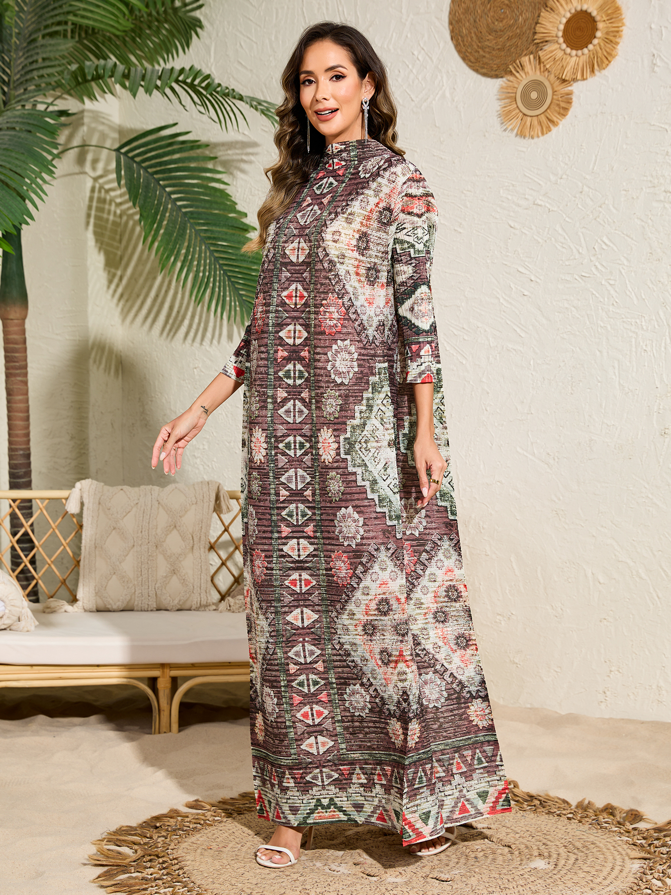 Ethnic Clothing Dress Arab Style Women's Loose-Fit Long-Sleeve Dress with Print NZ016