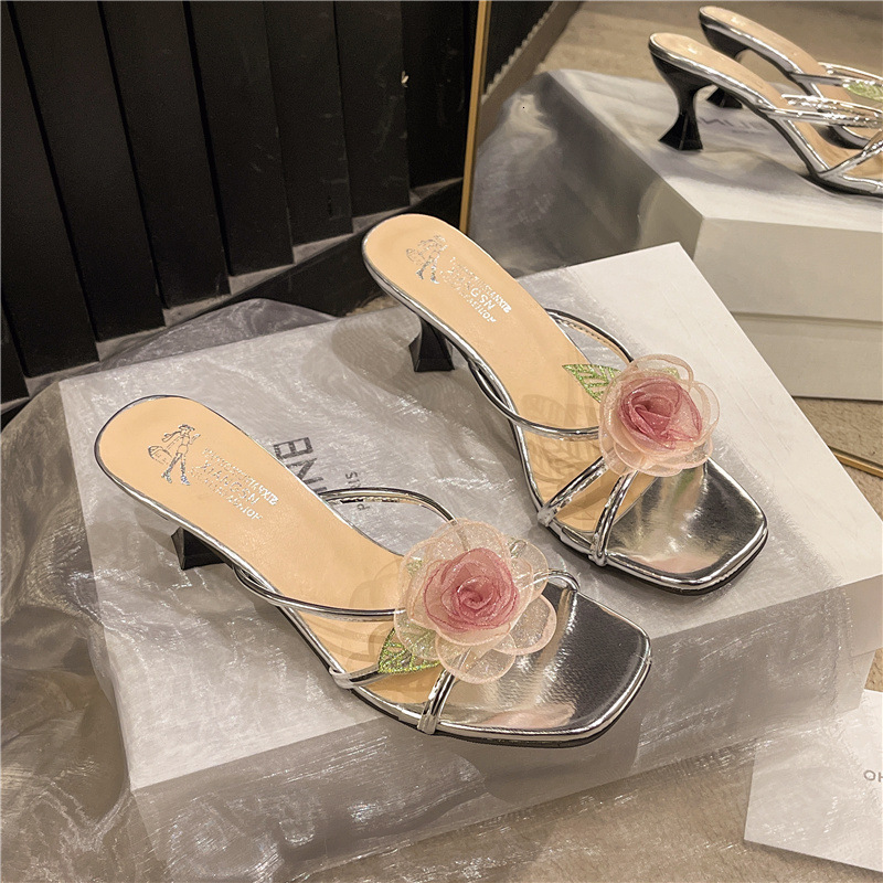 Ddmysports Summer New Floral Stiletto Heel Slippers Outdoor Open Toe One Strap Silver High Heels Gentle Women S Shoes Outdoor Shoes