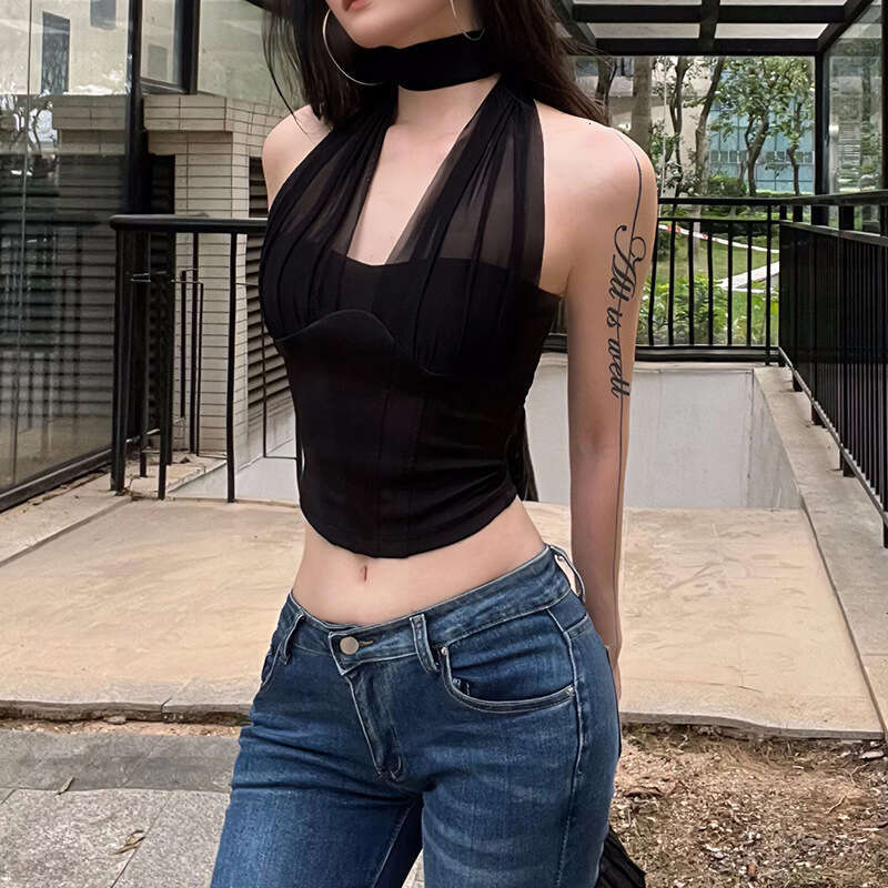 2025 Summer New Women's Solid Color Sexy Halter Neck Faux Fishbone Crop Top Vest b2f