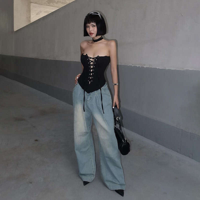 2023 Autumn Winter New Women's Solid Color Slim Street Fashion Off-Shoulder Sleeveless Tie Top 41c