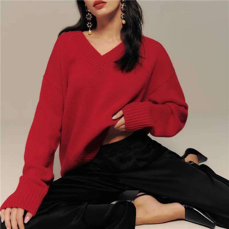 100% Pure Wool Sweater Autumn/Winter New Casual Solid Color Knitted Tops V-Neck Women's Loose Pullover Base Blouse MDNG