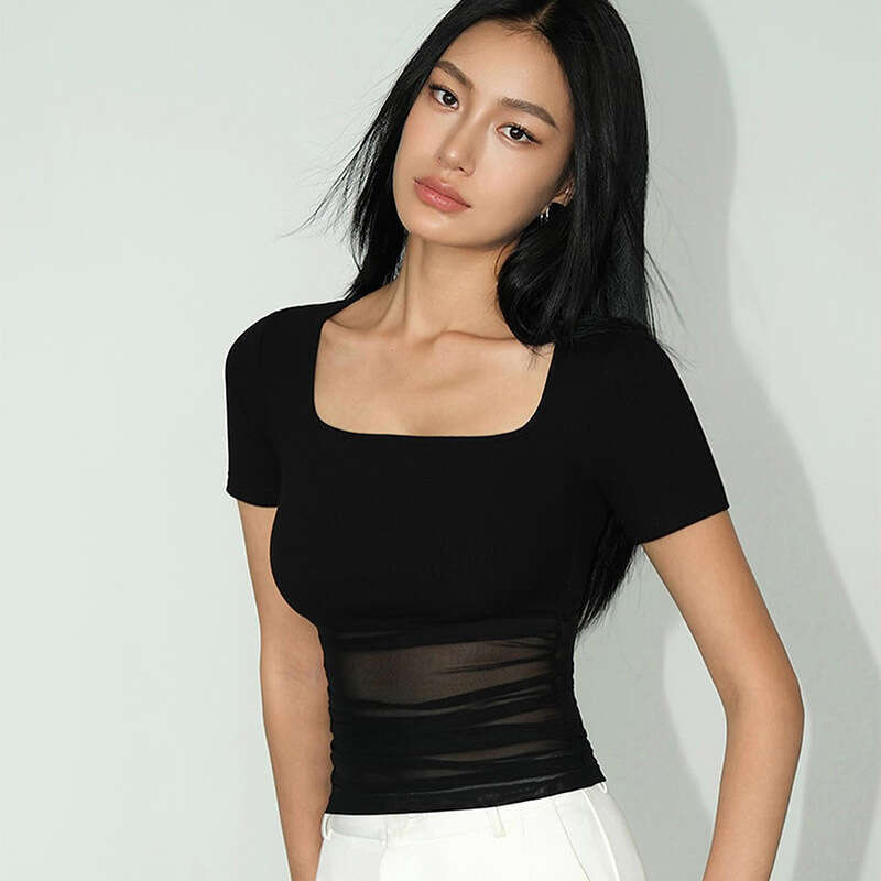 Qtp322 Women's Summer New Solid Color Square Neck Short Sleeve Patchwork Sexy T-Shirt Top For Women B5