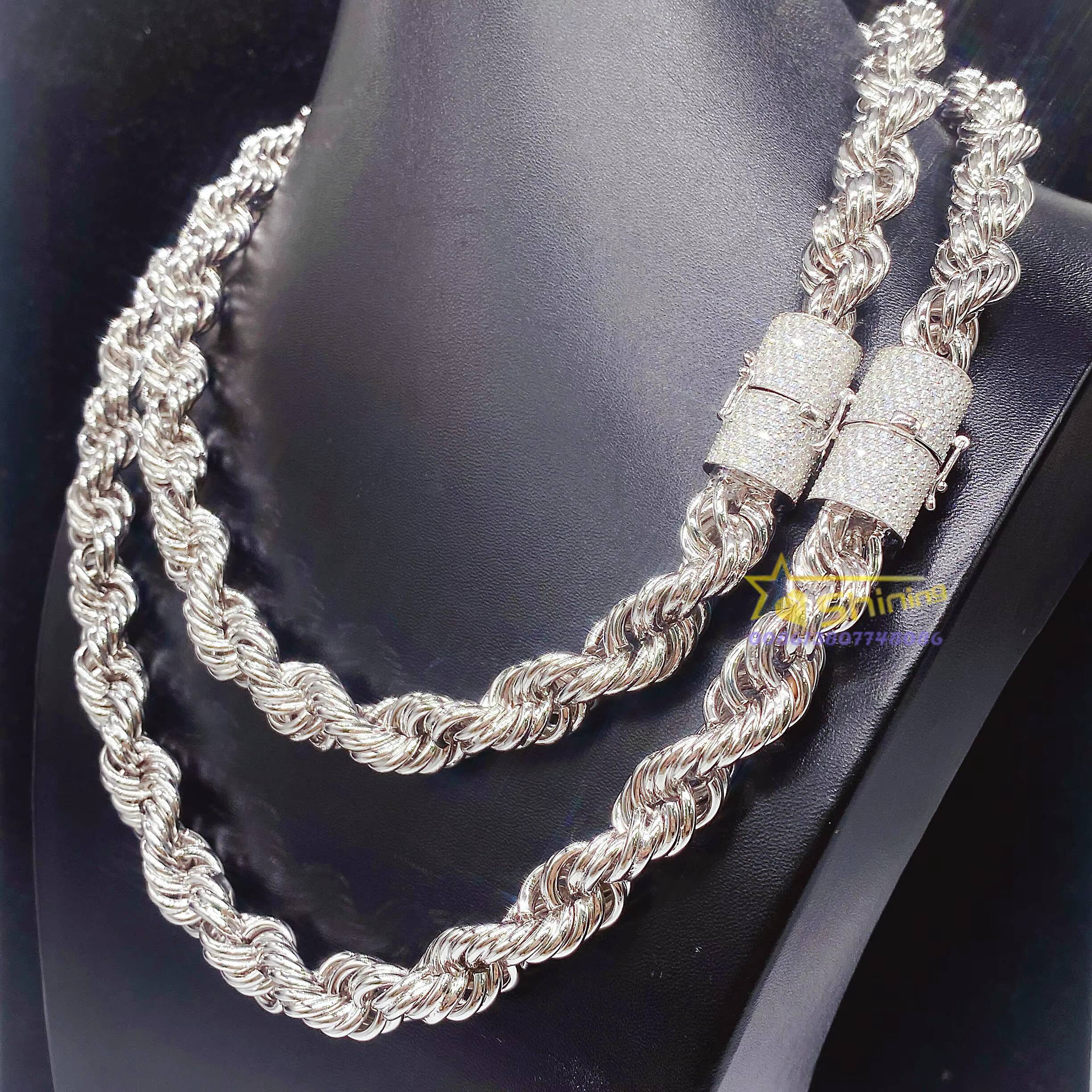 Rapper Jewelry 12mm Wide Bulk Size Necklace 925 Real Silver Iced Out Diamond Clasp Moissanite Rope Chain