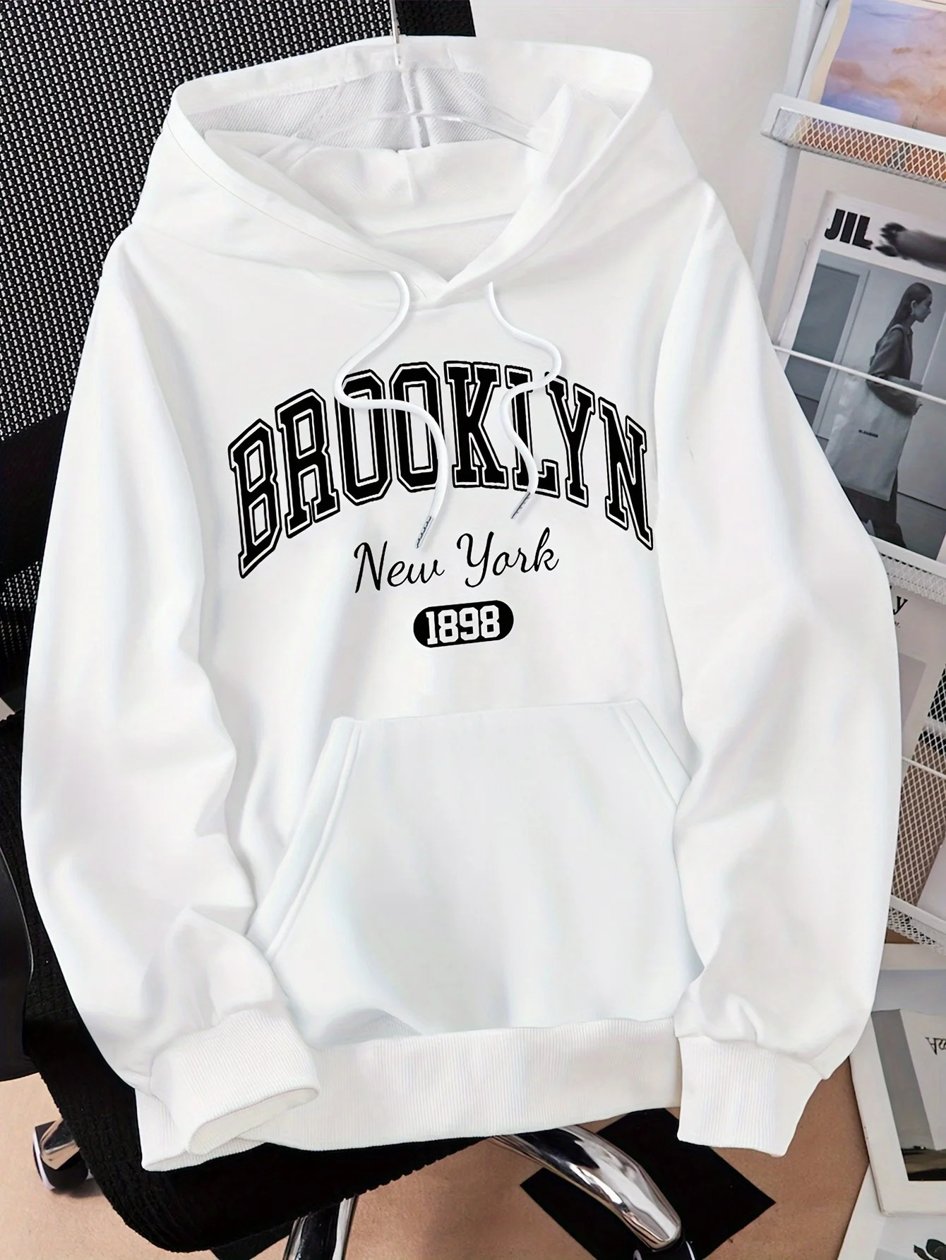 Brooklyn York 1898 Hoodie Sweatshirt Casual Polyester Hooded Pullover with Drawstring Alphabet Pattern 250725