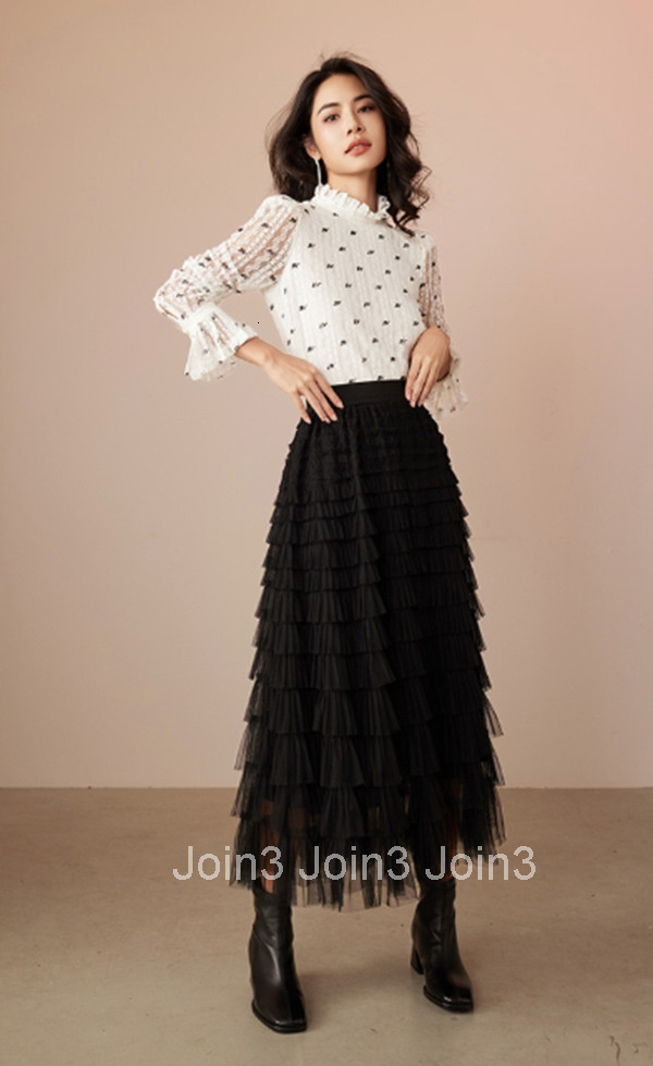 Summer New High Waist Mesh Mid-Length Skirt Fashion A-Line Skirt Versatile Black Tiered Skirt 1611