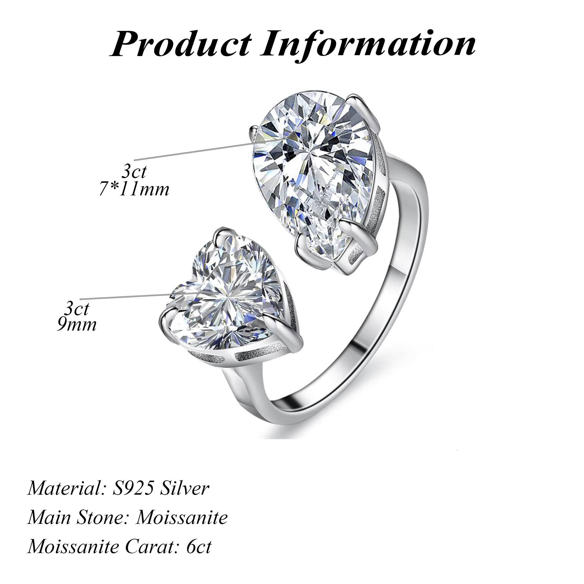 New Fashionable 925 Sterling Silver Heart Pear Cut Moissanite Engagement Ring 6ct with GRA Certificate for Weddings