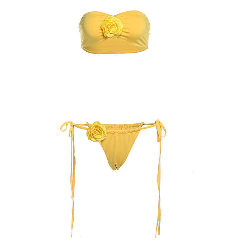 2025 Spring New Turmeric Strapless Bikini with 3D Flowers Beach Swimsuit Set 92d