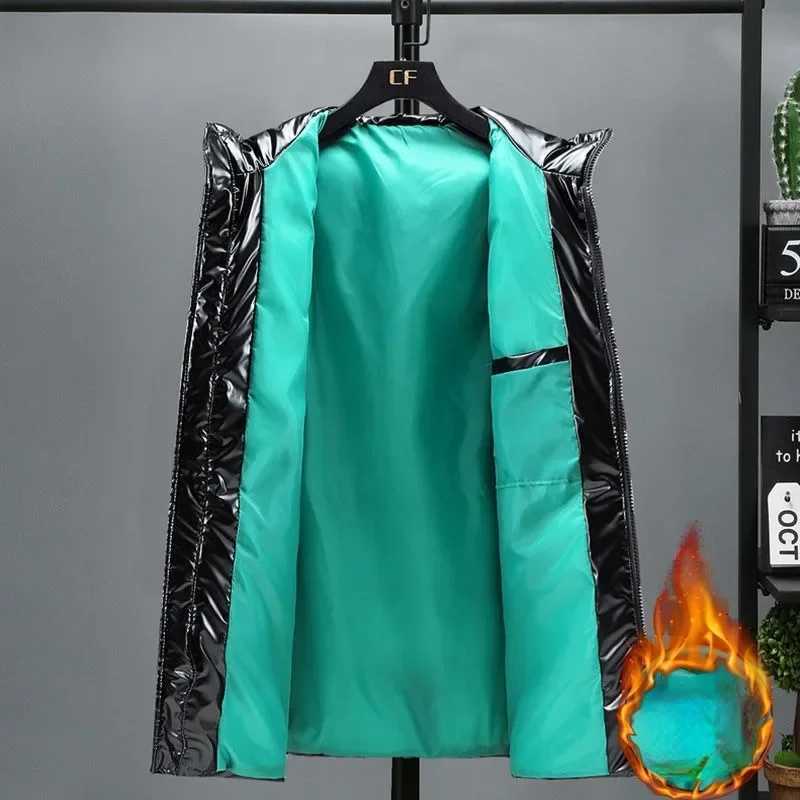 Mens Mid Length Cotton Down Jacket Thick Down Overcoat Glossy Coat Quilted Hoodie Hat Winter Trend Casual New X250725