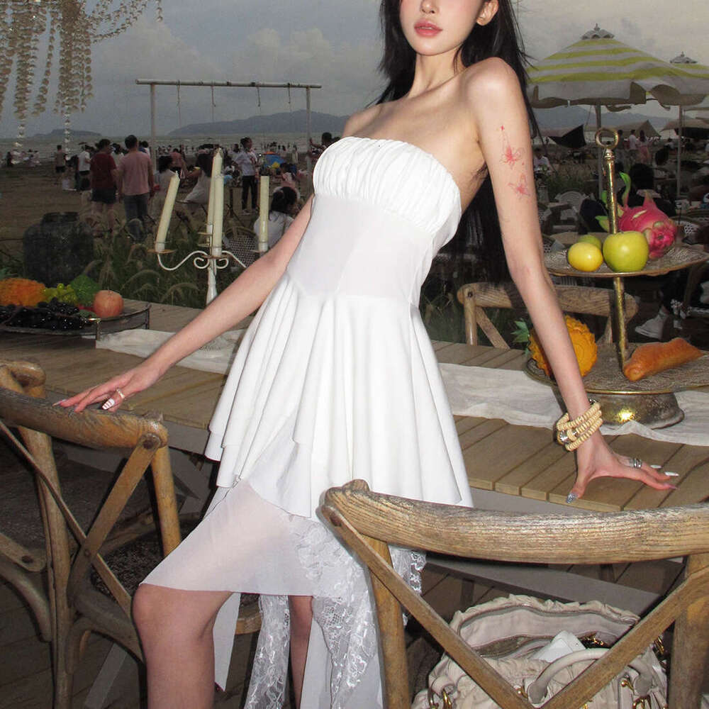 2025 Summer New Vacation Style Design Slim Fit Solid Color Irregular Strapless Dress c6c