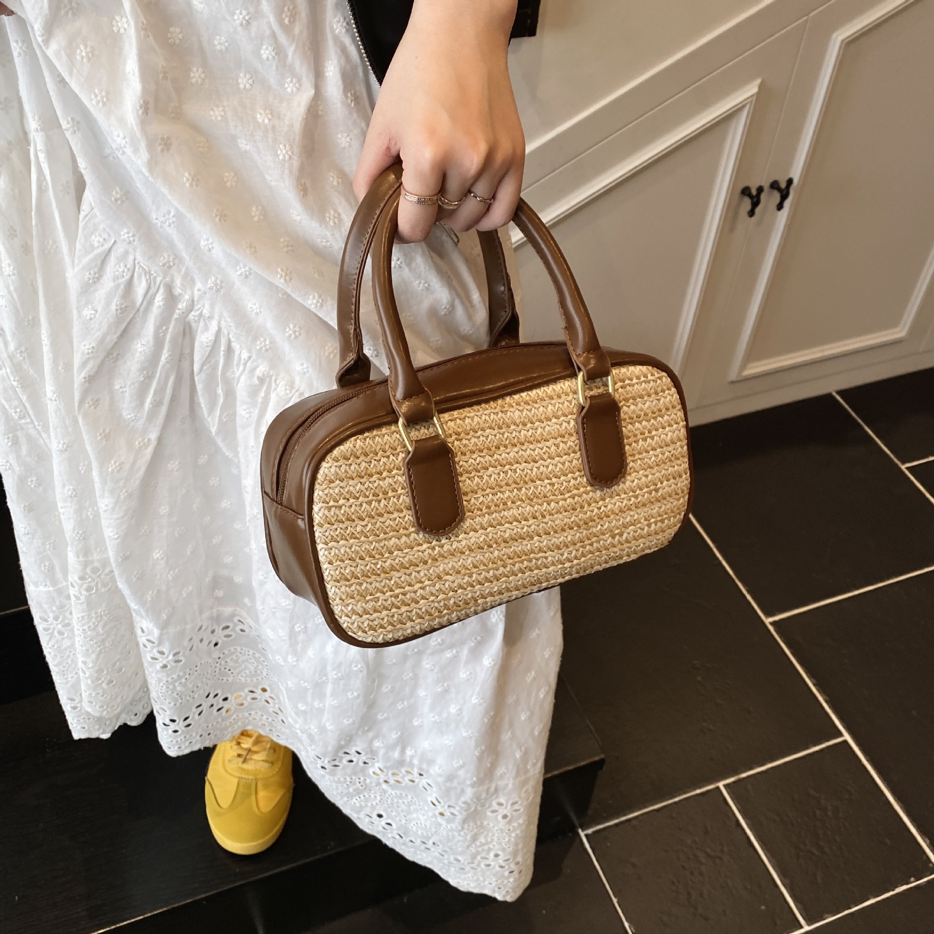 Luxury Brand Designer Bag Woven MIU Small Square Bag Boston Straw Pillow Bag Color-Block Handbag Ins Single Shoulder Crossbody Women's Bag